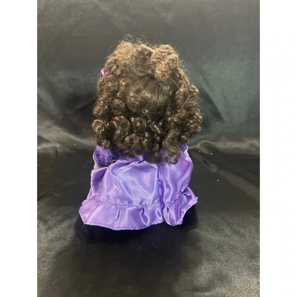 Vintage Musical Porcelain Doll Purple Velvet Lace Dress Brown Curls‎ Blue Eyes